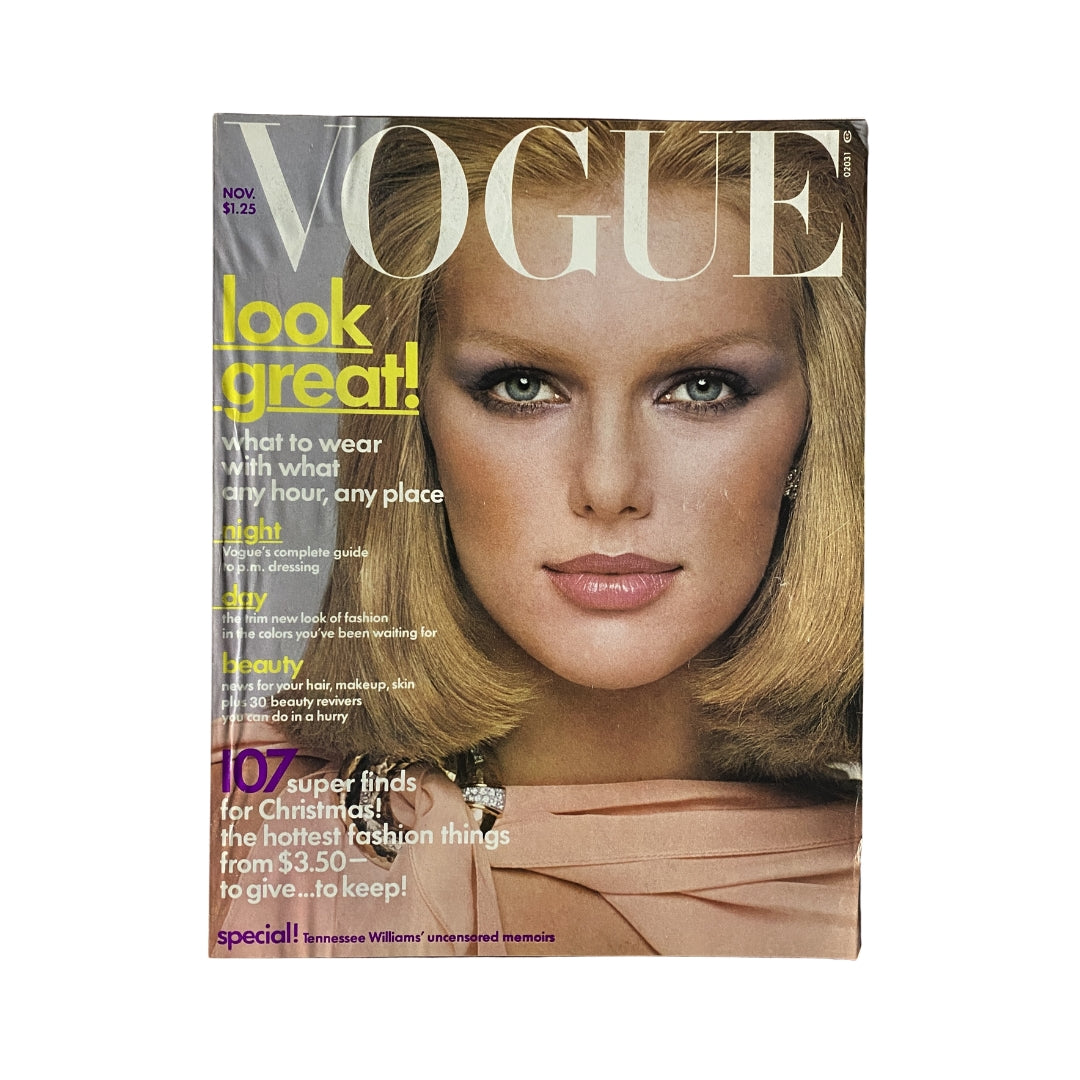 Vogue Magazine November 1975 featuring the iconic cover with model Patti Hansen showcasing 1970s fashion and beauty trends.