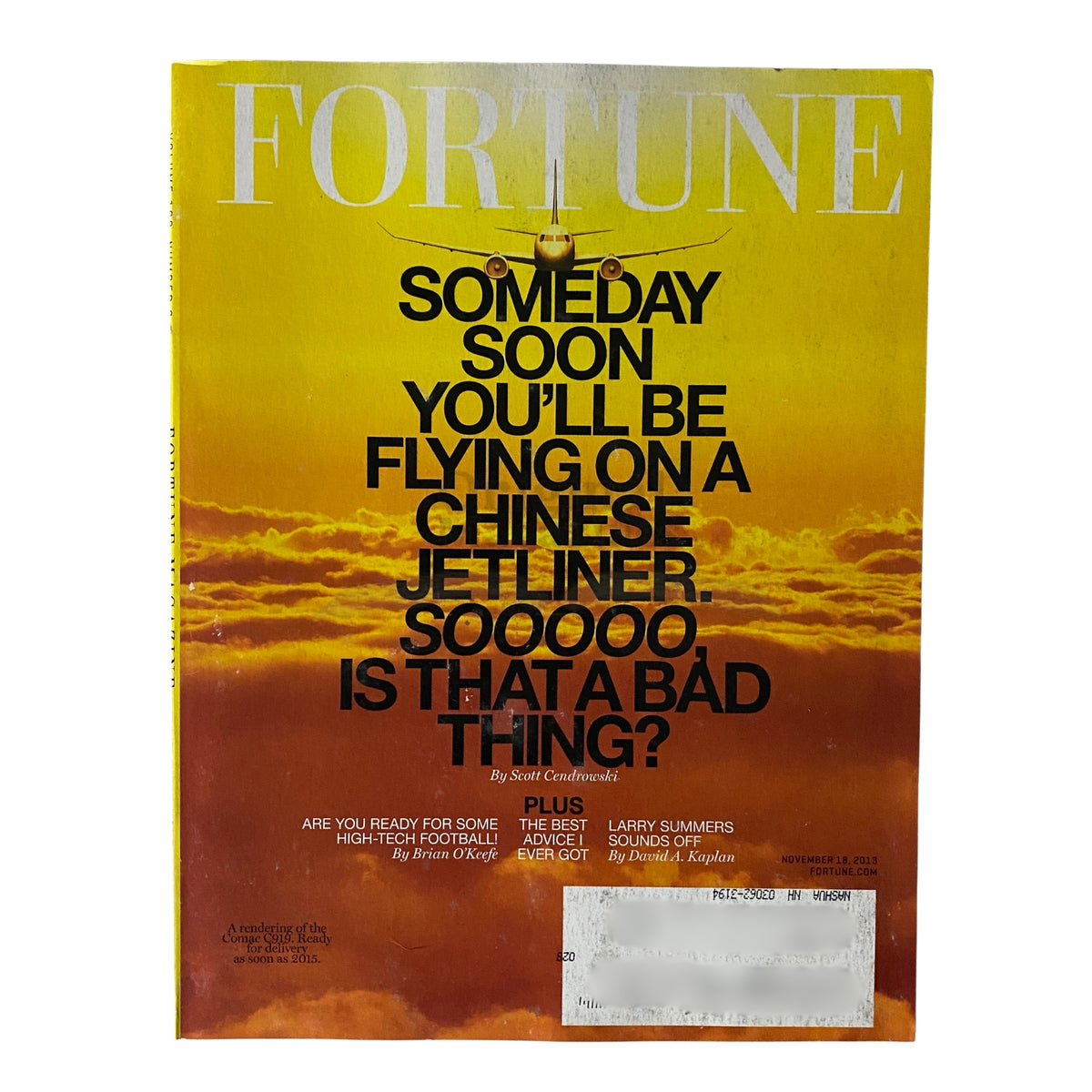 Cover of Fortune Magazine November 18, 2013, featuring the headline 'Someday Soon You'll Be Flying on a Chinese Jetliner' with a dramatic sunset background.