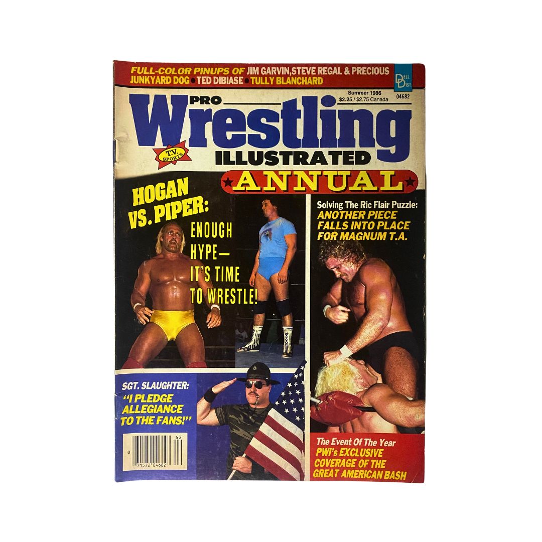 VTG Pro Wrestling Illustrated Summer 1986 cover featuring Hulk Hogan vs Roddy Piper with a bold headline and colorful graphics.