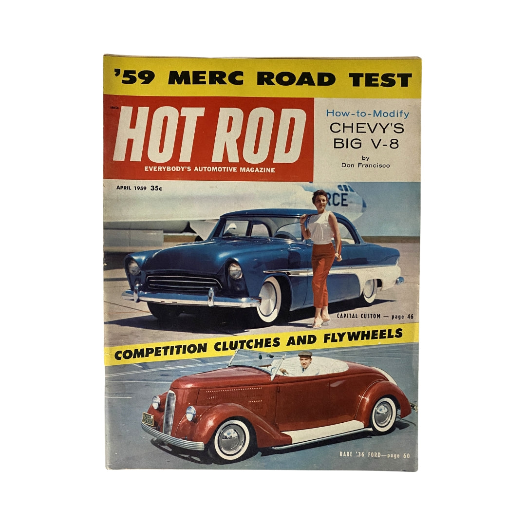 VTG Hot Rod Magazine April 1959 issue featuring a blue car and a woman on the cover, advertising articles on competition clutches and flywheels.