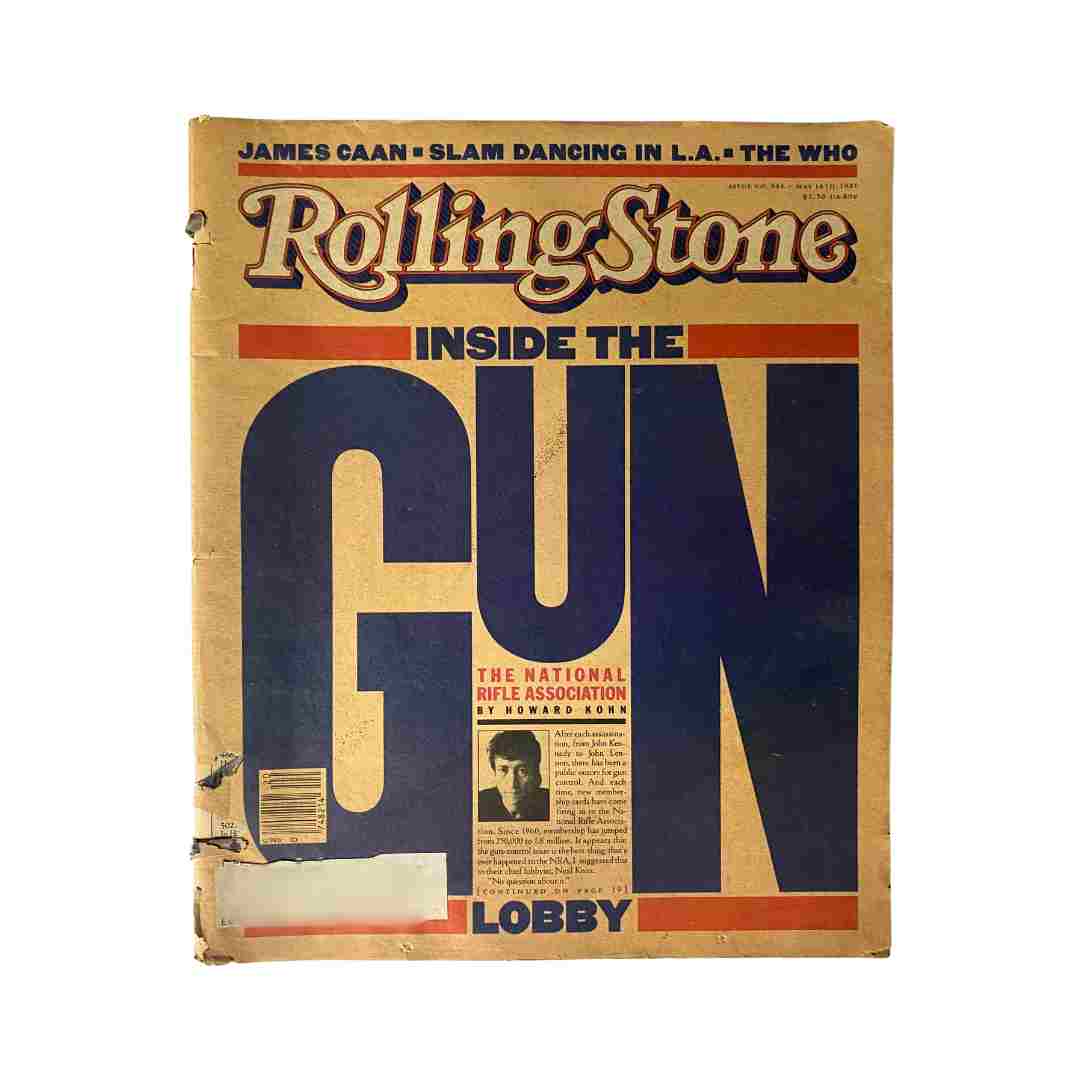 Cover of VTG Rolling Stone Magazine May 4, 1981 Issue 343 featuring the headline 'Inside The Gun Lobby' with bold typography and images related to the National Rifle Association.