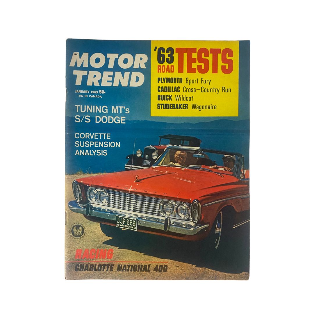 Vintage Motor Trend magazine cover from January 1963 titled 'Racing Charlotte National 400', featuring a classic red car in a coastal setting, capturing the essence of early 1960s automotive culture.