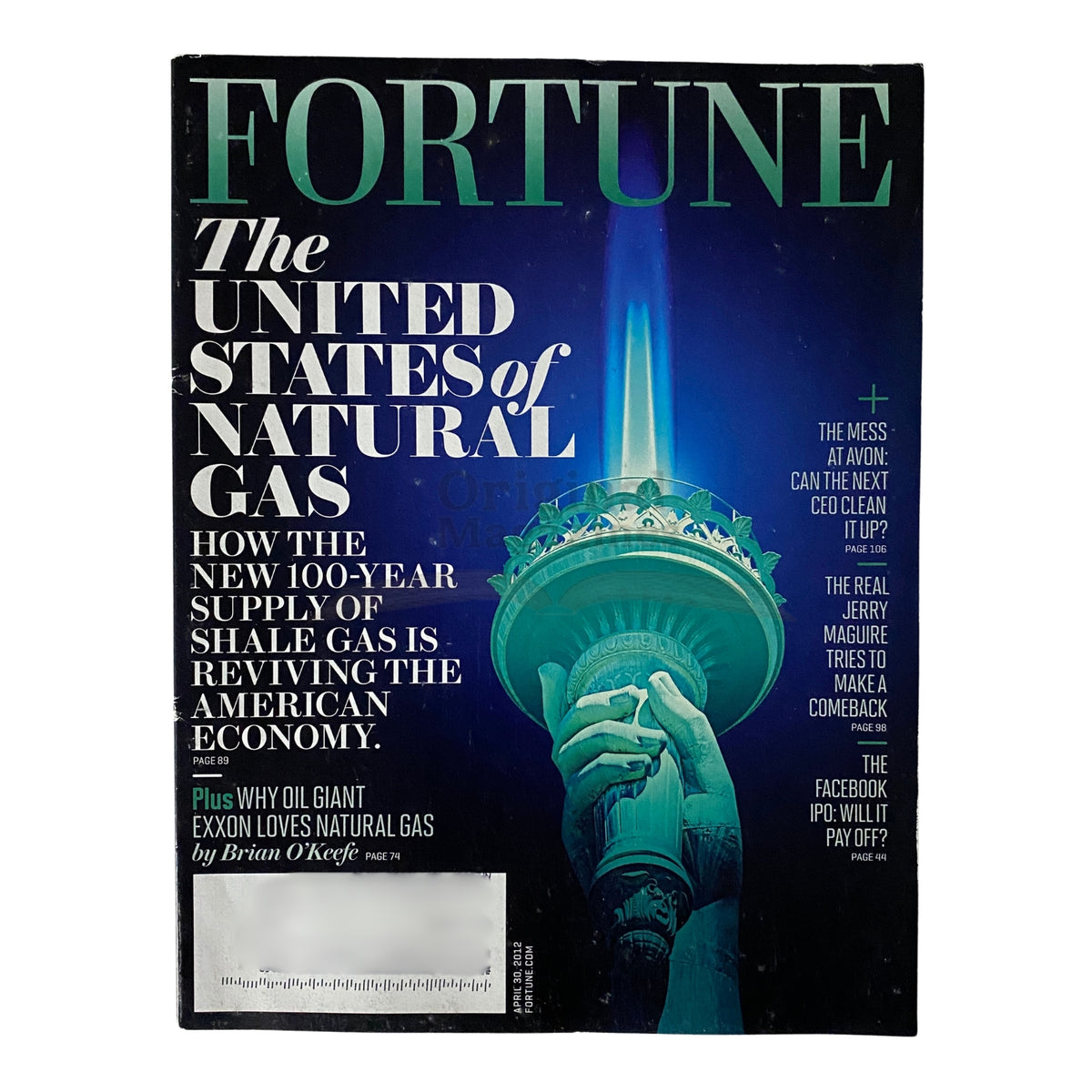 Fortune Magazine cover from April 30, 2012, titled 'The United States of Natural Gas', featuring an image of the Statue of Liberty and discussing the impact of shale gas on the American economy.