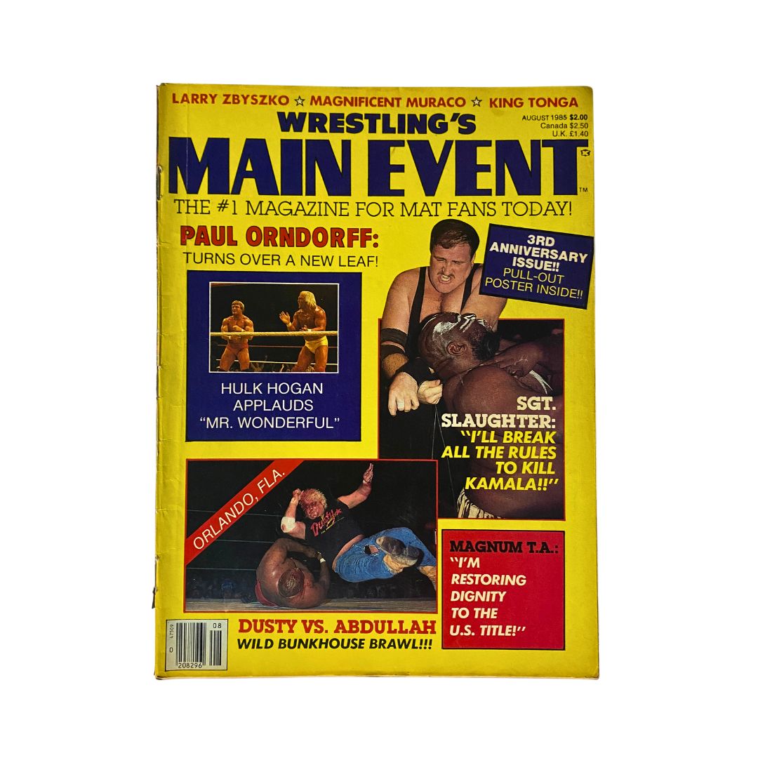 Cover of Wrestling's Main Event August 1985 featuring Paul Orndorff and Hulk Hogan, highlighting wrestling events including Dusty Rhodes vs. Abdullah the Butcher.