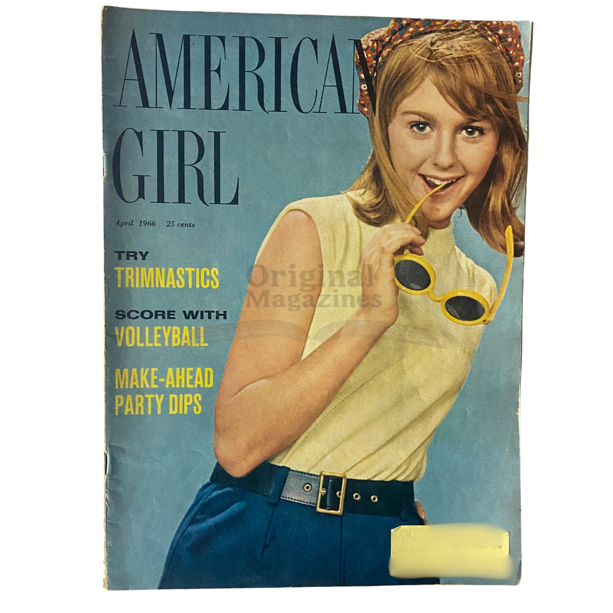 Cover of American Girl Magazine April 1966 featuring a young girl with sunglasses, promoting make-ahead party dips.