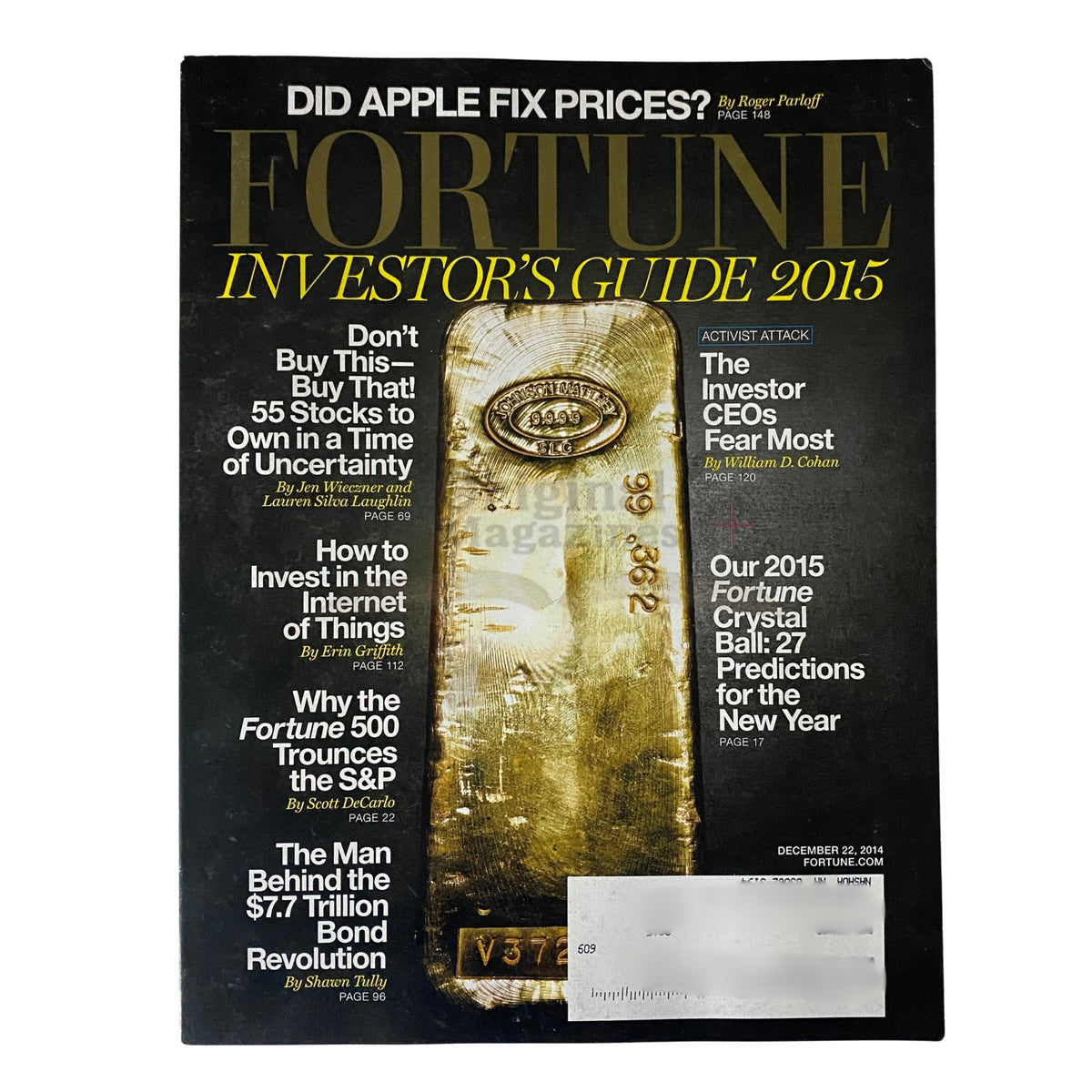 Fortune Magazine December 22, 2014 Investor's Guide 2015 cover featuring a gold bar, headlines about investment strategies and market forecasts.