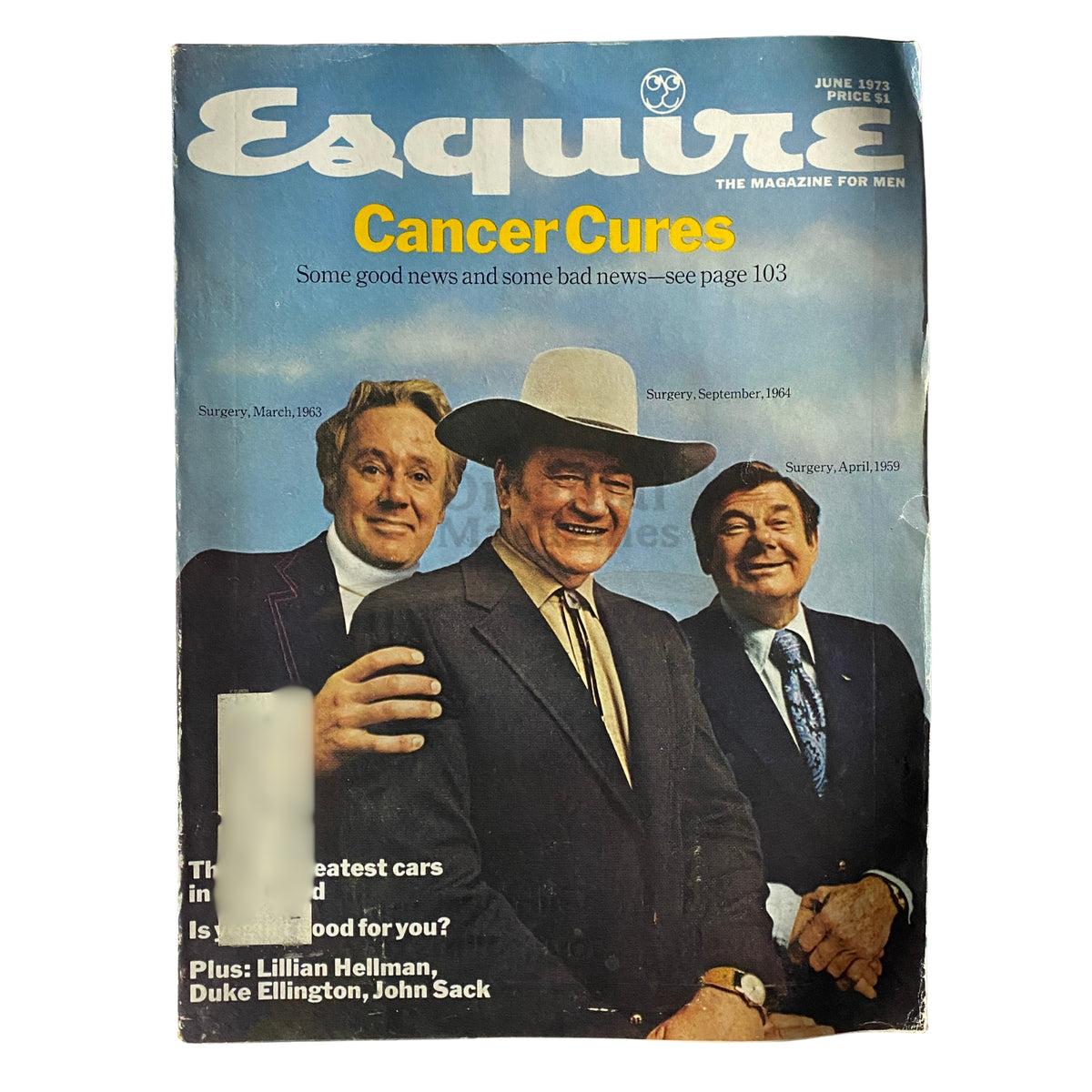 Esquire Magazine June 1973 cover featuring John Wayne, Duke Ellington, and Gabriel Garcia Marquez, highlighting articles on cancer cures and cultural commentary.