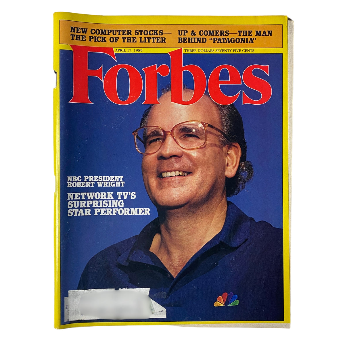 Cover of Forbes Magazine dated April 17, 1989, featuring NBC President Robert Wright, highlighted as Network TV's surprising star performer. The cover showcases vibrant colors and graphics, providing insights into the media landscape of the late '80s.