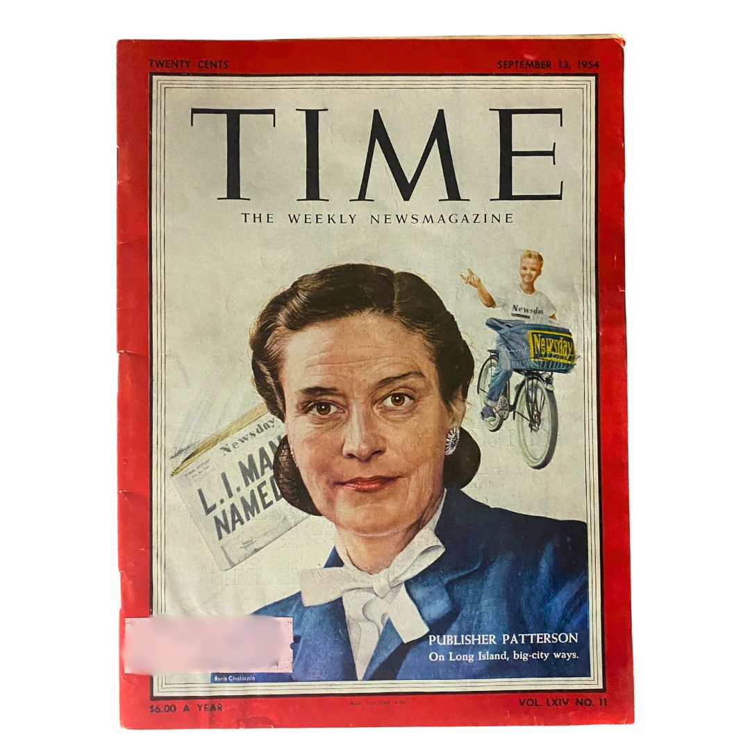 Cover of VTG Time Magazine, September 13, 1954, featuring an illustrated portrait of a woman with the headline 'TIME' and details indicating its publication by Patterson as Volume 64, No. 11.