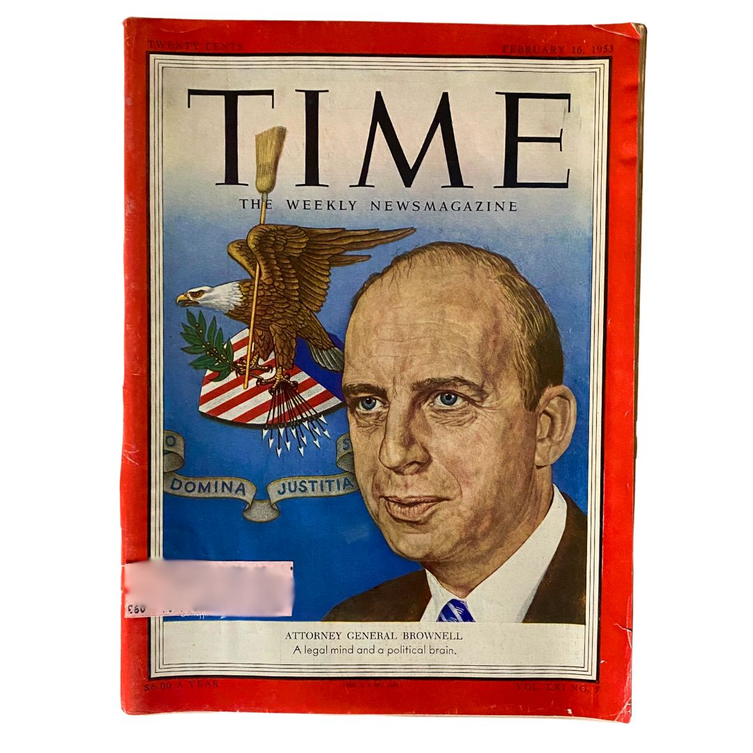 Vintage Time Magazine cover from February 16, 1953 featuring Attorney General Herbert Brownell, highlighting his role in the American political landscape.