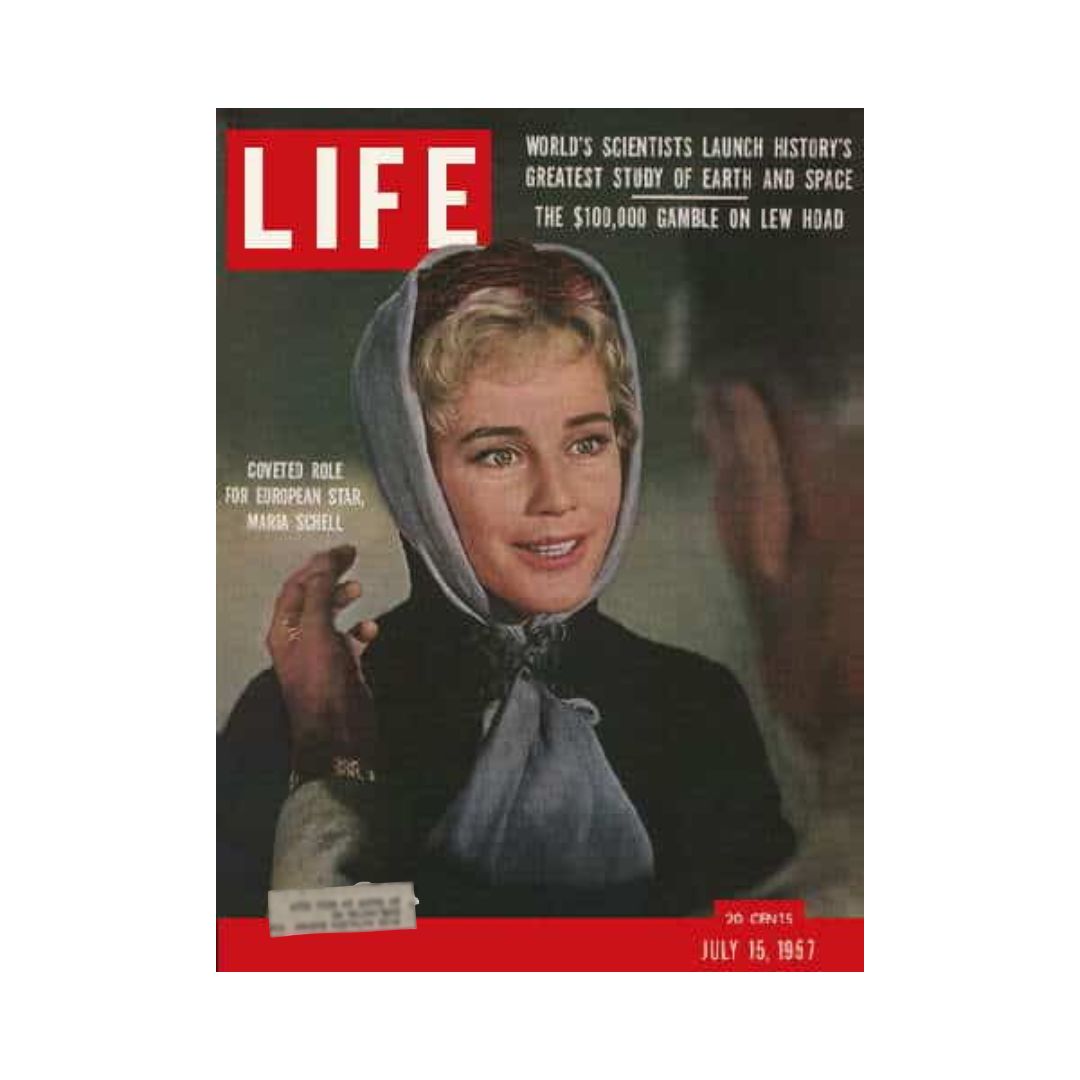 Cover of VTG Life Magazine July 15, 1957 featuring actress Maria Schell. The magazine highlights significant events including a scientific project and a report on Hurricane Audrey.