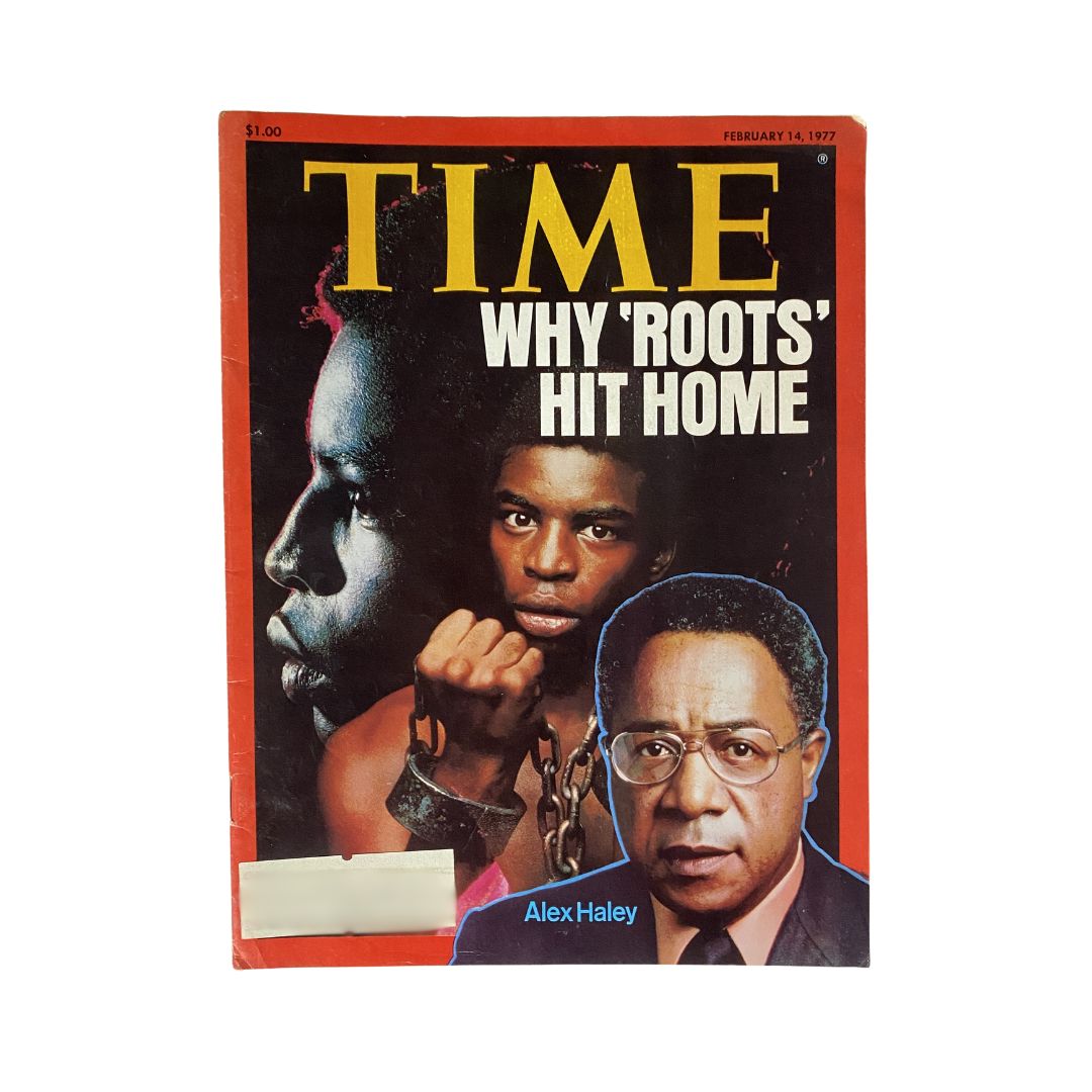 Vintage Time Magazine February 14, 1977 cover featuring Alex Haley, highlighting the theme 'Why Roots Hit Home'.