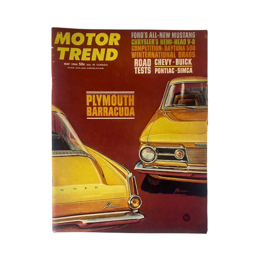 VTG Motor Trend Magazine May 1964 featuring the iconic Plymouth Barracuda on the cover, showcasing classic automotive design.