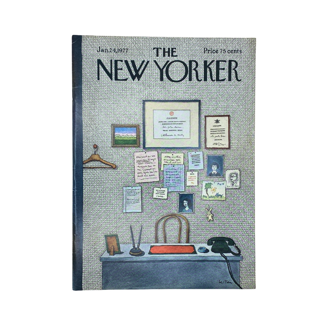 The New Yorker Complete Magazine January 24, 1977 cover featuring artwork by Pierre Le-Tan, showcasing a drawing of a desk with various papers, a phone, and a chair.