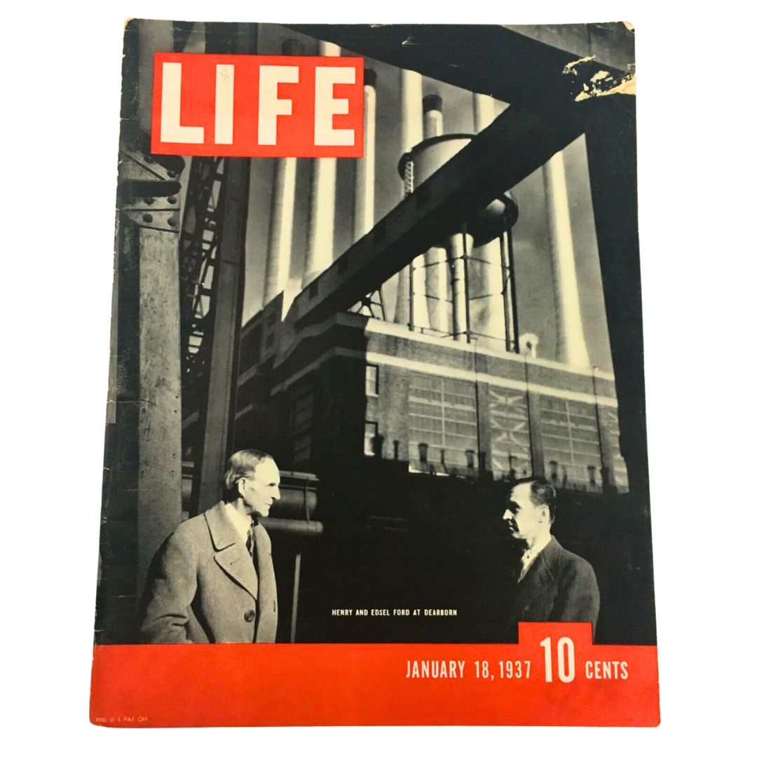 VTG Life Magazine January 18, 1937 featuring Henry and Edsel Ford at Dearborn newsstand, showcasing their significant role in American automotive history.