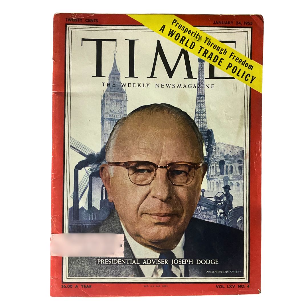 VTG Time Magazine January 24, 1955 cover featuring Presidential Adviser Joseph Dodge, highlighting a pivotal moment in American history.