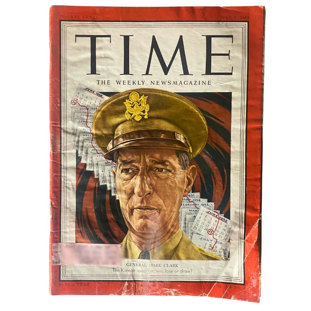 Vintage Time Magazine from July 7, 1952, featuring General Mark W. Clark on the cover, displaying historical significance from a post-World War II era.