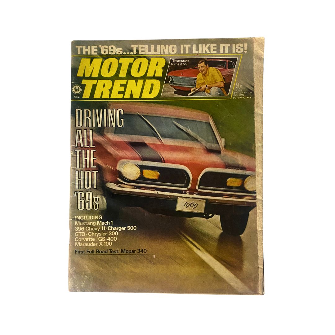 VTG Motor Trend Magazine October 1968 featuring the first full road test of the Mopar 340, showcasing a vintage car on the cover with the text 'Driving All the Hot '69s'