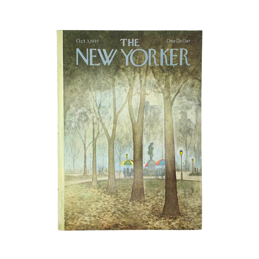 Cover of The New Yorker Complete Magazine from October 3, 1977 featuring artwork by Charles E. Martin, showcasing a serene park scene.