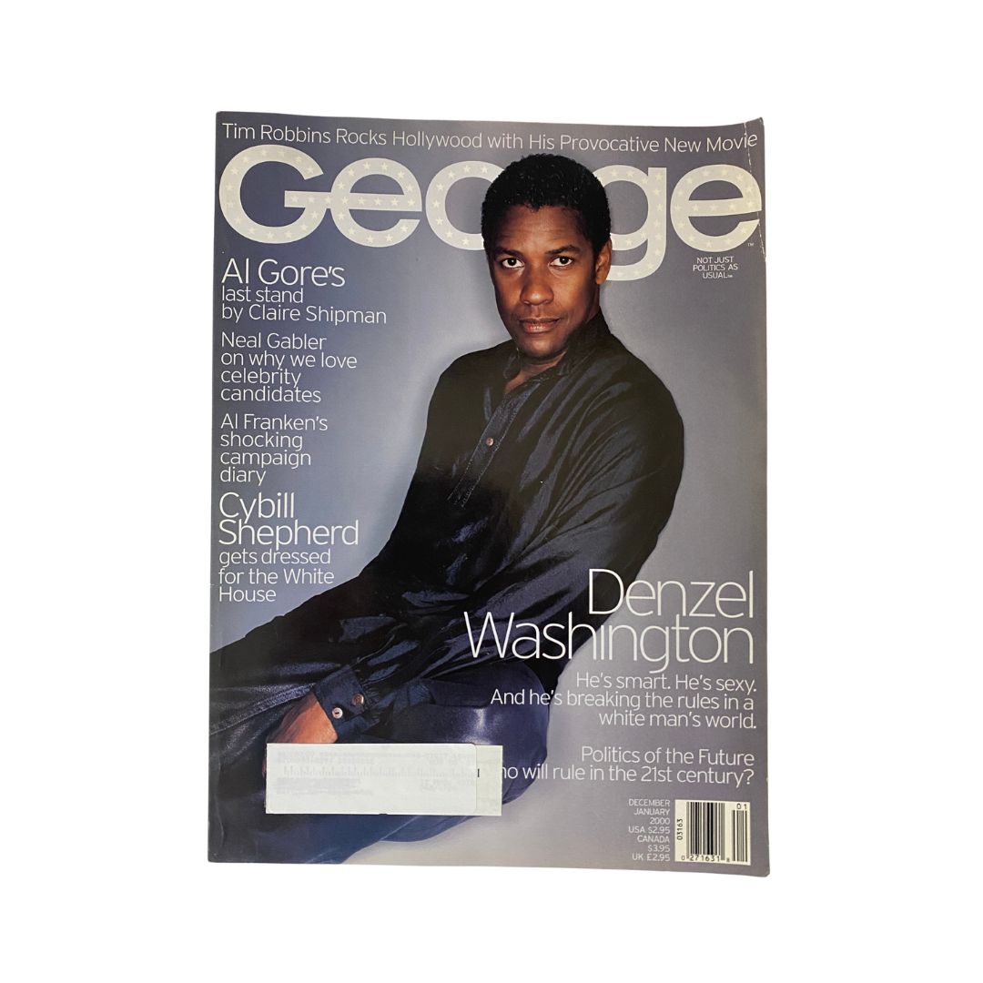 George Magazine December - January 2000 featuring Denzel Washington on the cover, highlighting his status as an iconic Hollywood actor with a focus on movies and culture.