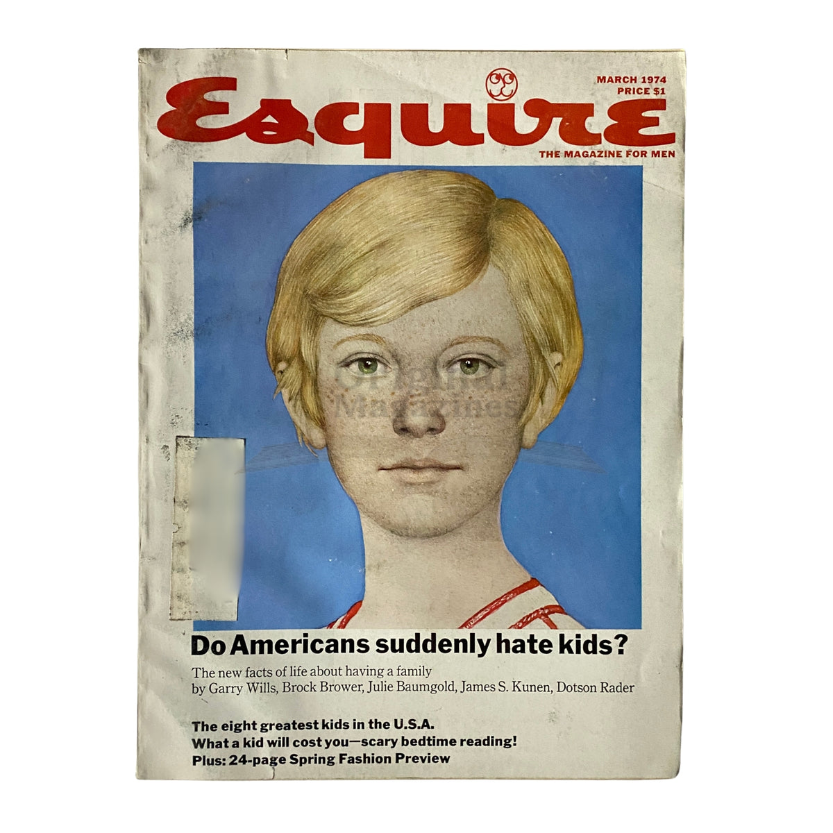 Cover of Esquire Magazine March 1974 featuring the headline 'Do Americans Suddenly Hate Kids?' This issue explores societal attitudes toward parenting in the 1970s with a striking illustration of a child.
