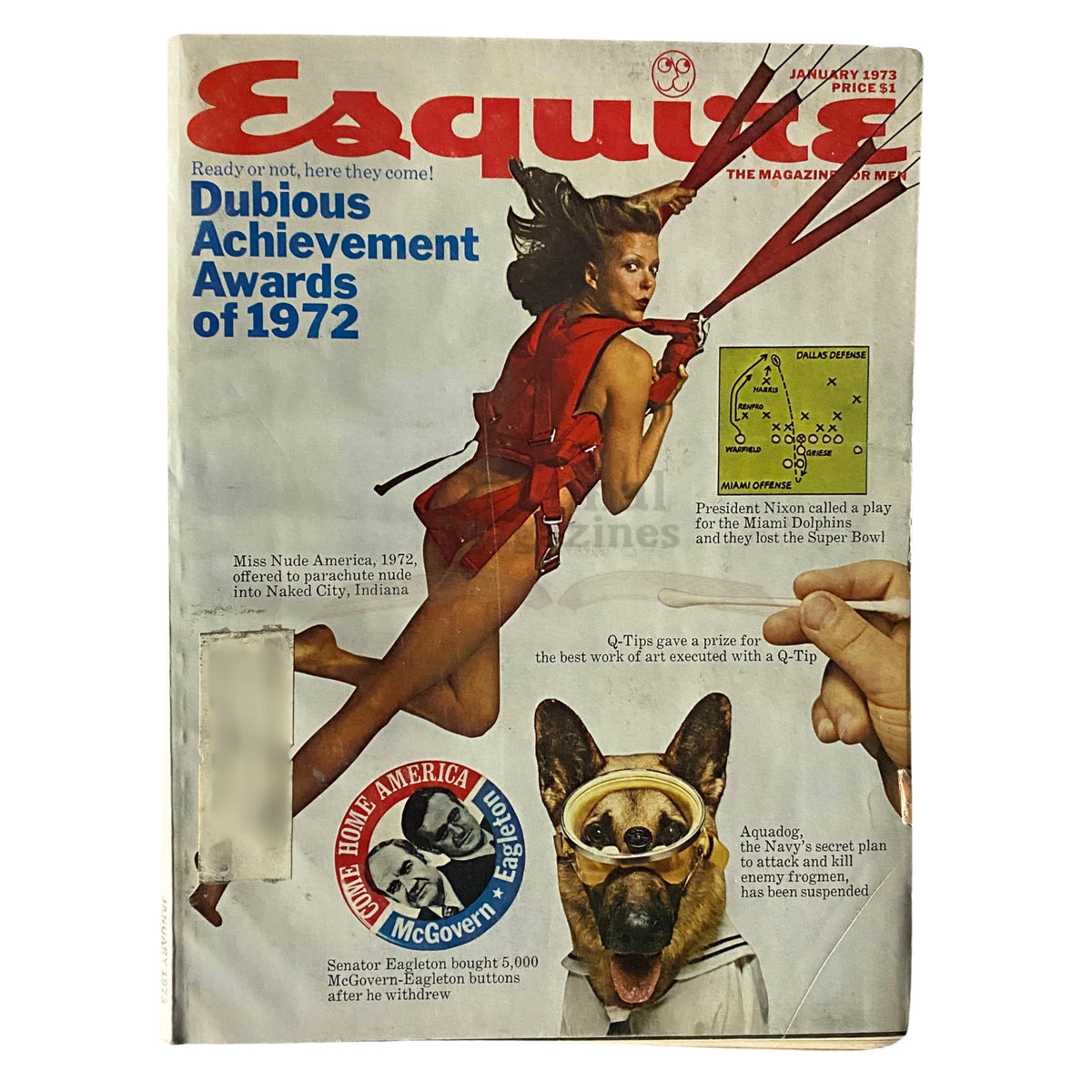 Esquire Magazine January 1973 cover featuring Dubious Achievement Awards of 1972, showcasing a model in a red outfit with a playful illustration highlighting notable events and cultural commentary.
