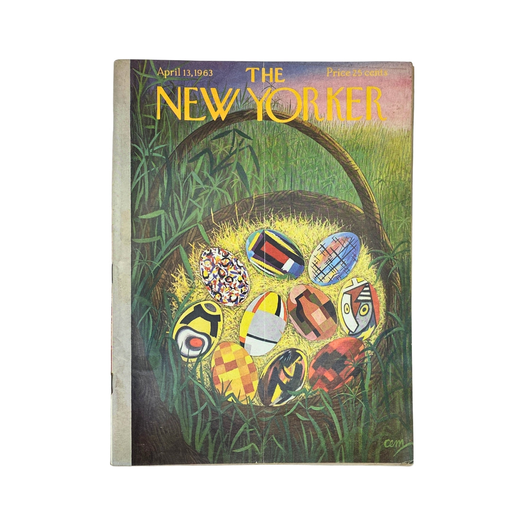 The New Yorker Complete Magazine April 13, 1963 featuring a colorful cover illustration of decorated eggs in a basket surrounded by grass, showcasing Charles E. Martin's artwork.
