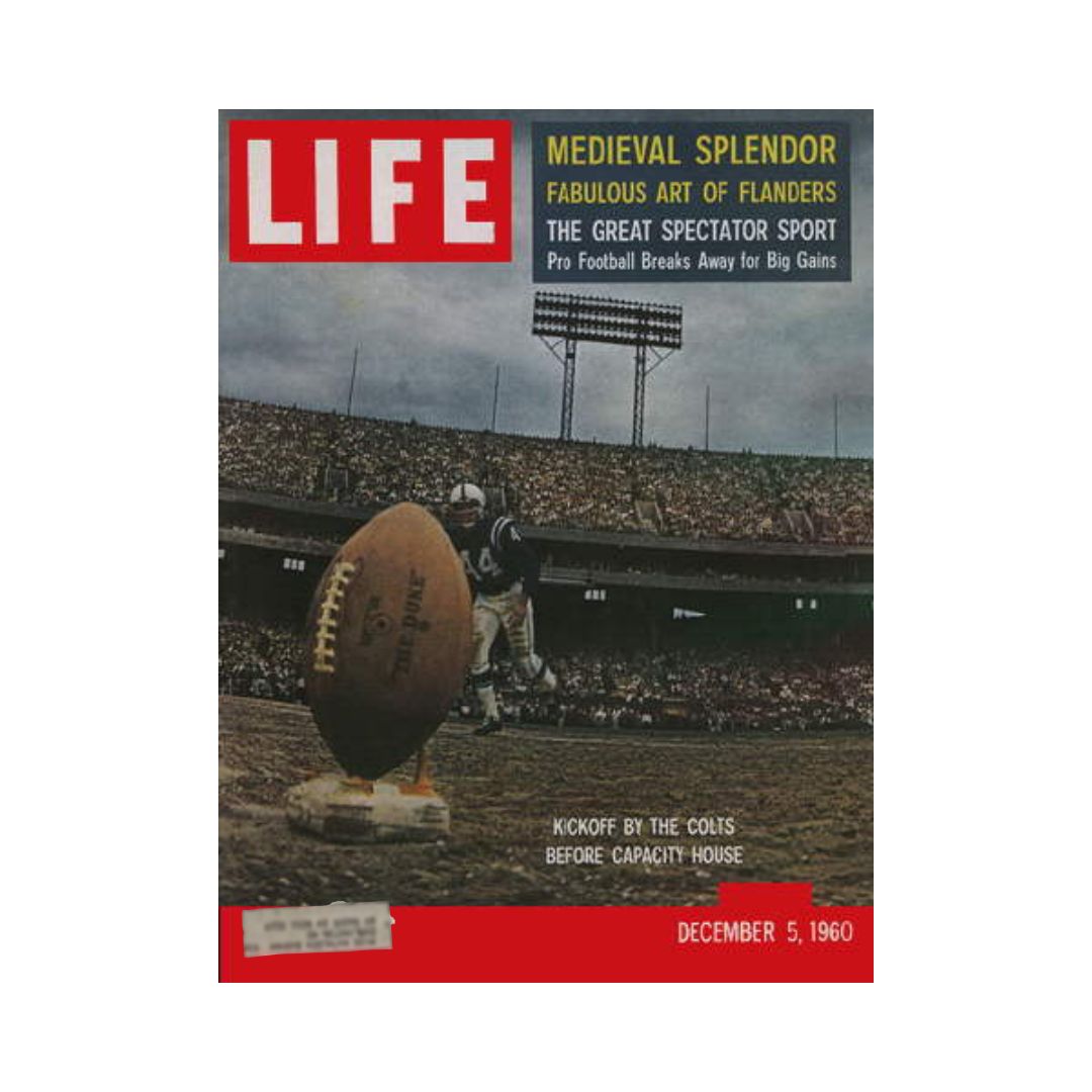 Cover of VTG Life Magazine December 5, 1960 featuring the Baltimore Colts Football. The image showcases a football on the field ready for kickoff with a large stadium crowd in the background, highlighting the excitement of pro football.
