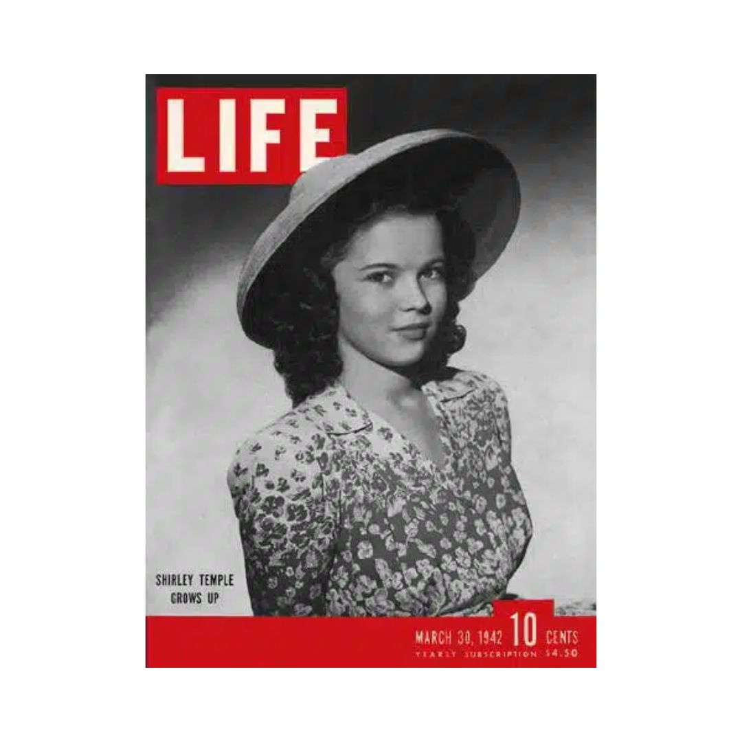 VTG Life Magazine Cover from March 30, 1942 featuring Shirley Temple with the caption 'Shirley Temple Grows Up' in black and red colors.