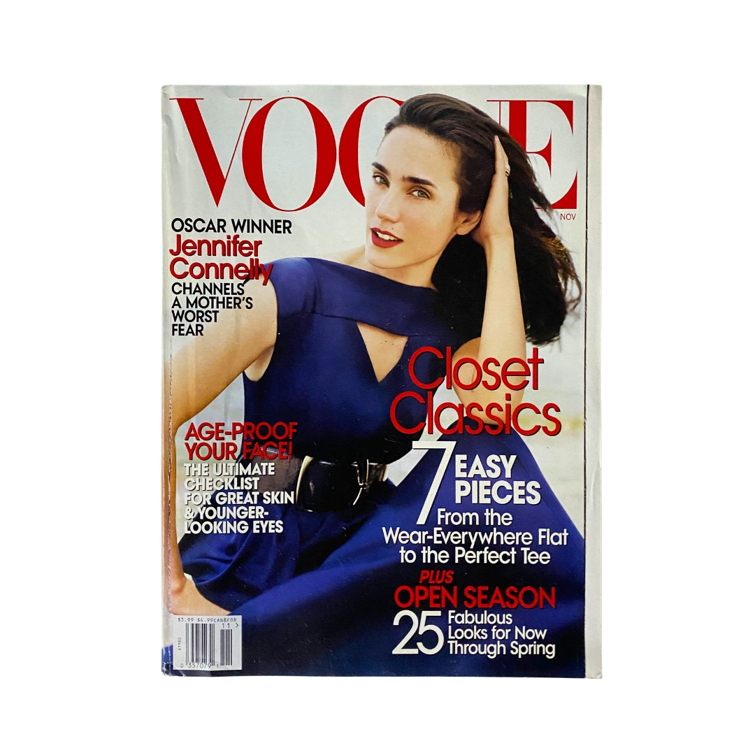 Vogue Magazine November 2007 featuring Oscar Winner Jennifer Connelly on the cover. The cover showcases her in a stylish blue dress with bold text emphasizing fashion tips and the magazine's highlights.