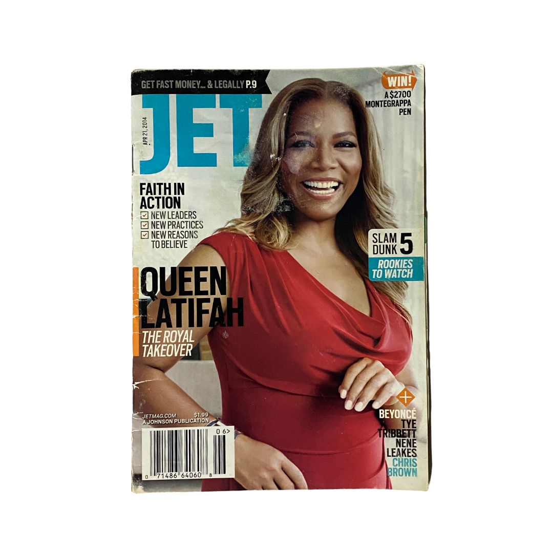 Jet Magazine April 1, 2014 Vol 123 No. 6 featuring Queen Latifah on the cover, dressed in a red dress and smiling, showcases her influence in entertainment.