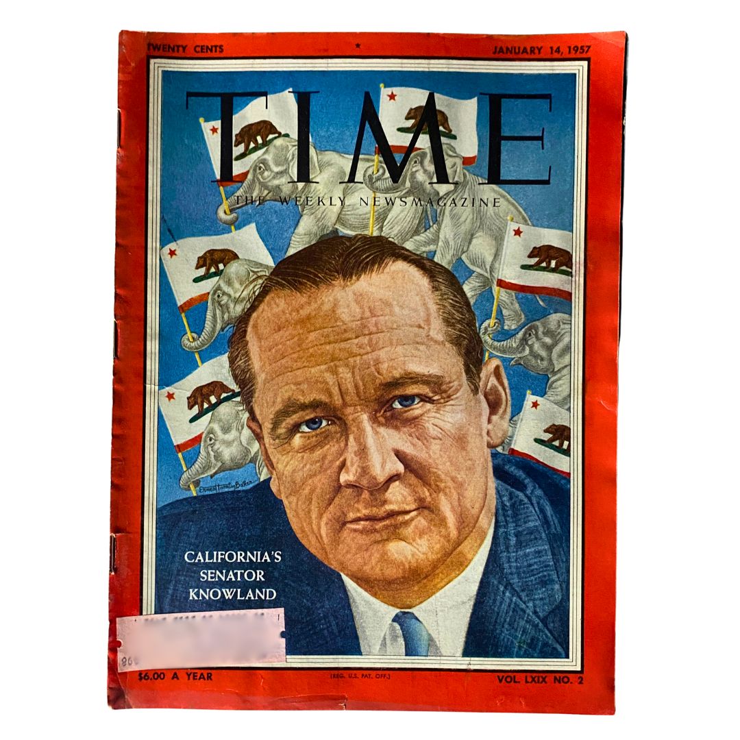 Vintage Time Magazine cover from January 14, 1957, featuring California's Senator William Knowland, Volume 69, No. 2.