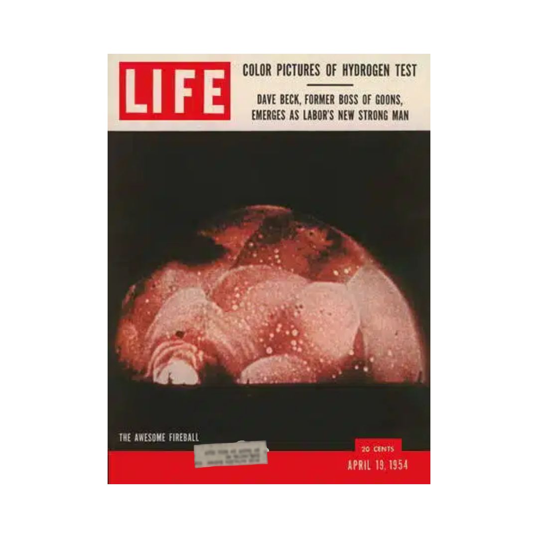 VTG Life Magazine April 19, 1954 cover featuring an image of the hydrogen bomb test, showcasing the vibrant colors of the atomic explosion, illustrating a significant moment in nuclear history.