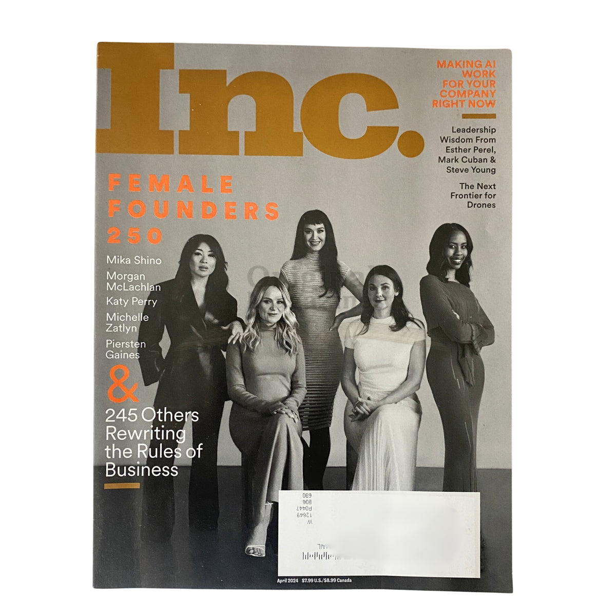 Cover of Inc. Magazine April 2024 featuring female entrepreneurs Mika Shino, Morgan McLachlan, Katy Perry, Michelle Zatlyn, and Pietra Gaines, highlighting the theme of Female Founders.