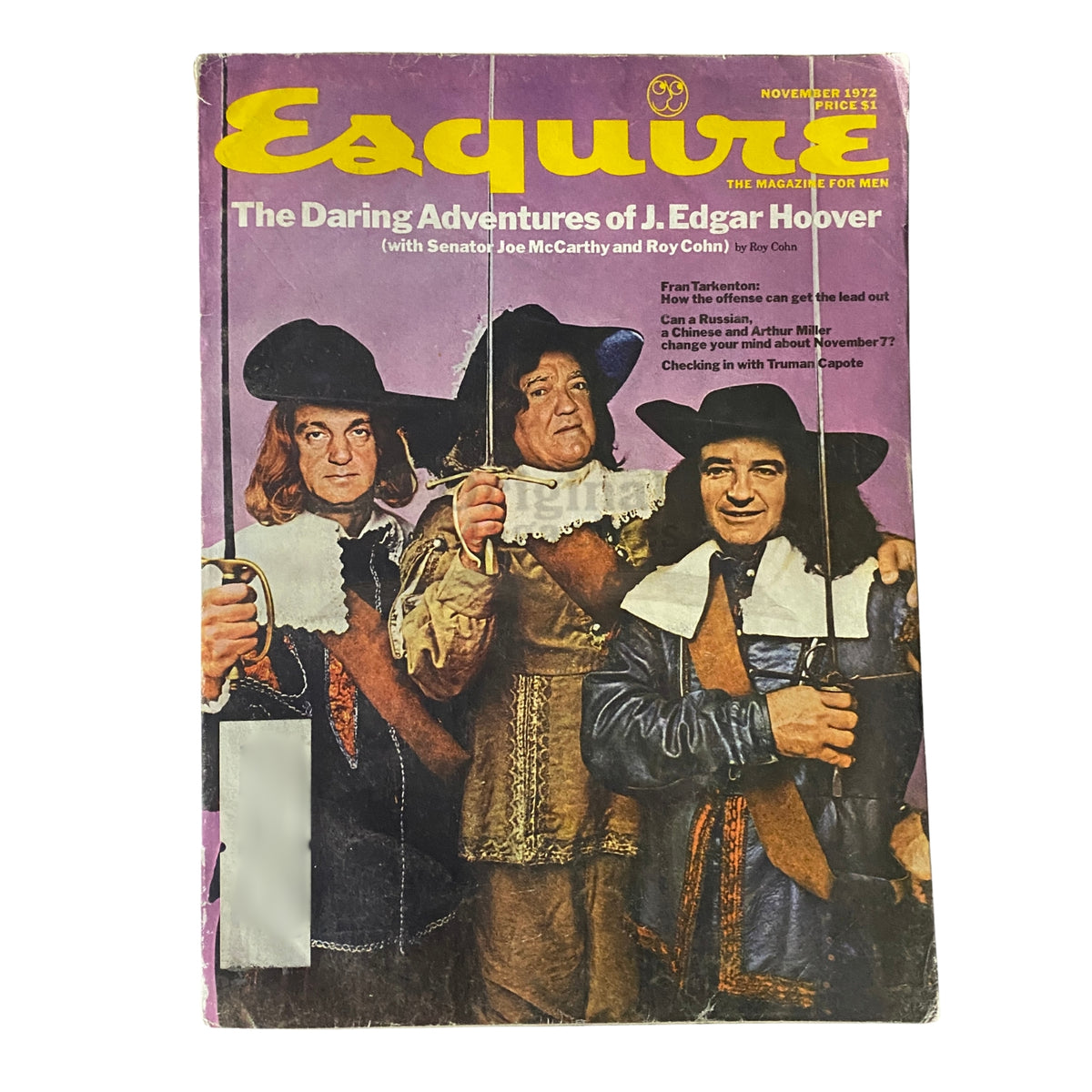Cover of Esquire Magazine, November 1972, featuring the title 'The Daring Adventures of J. Edgar Hoover' with illustrations of three historical figures.