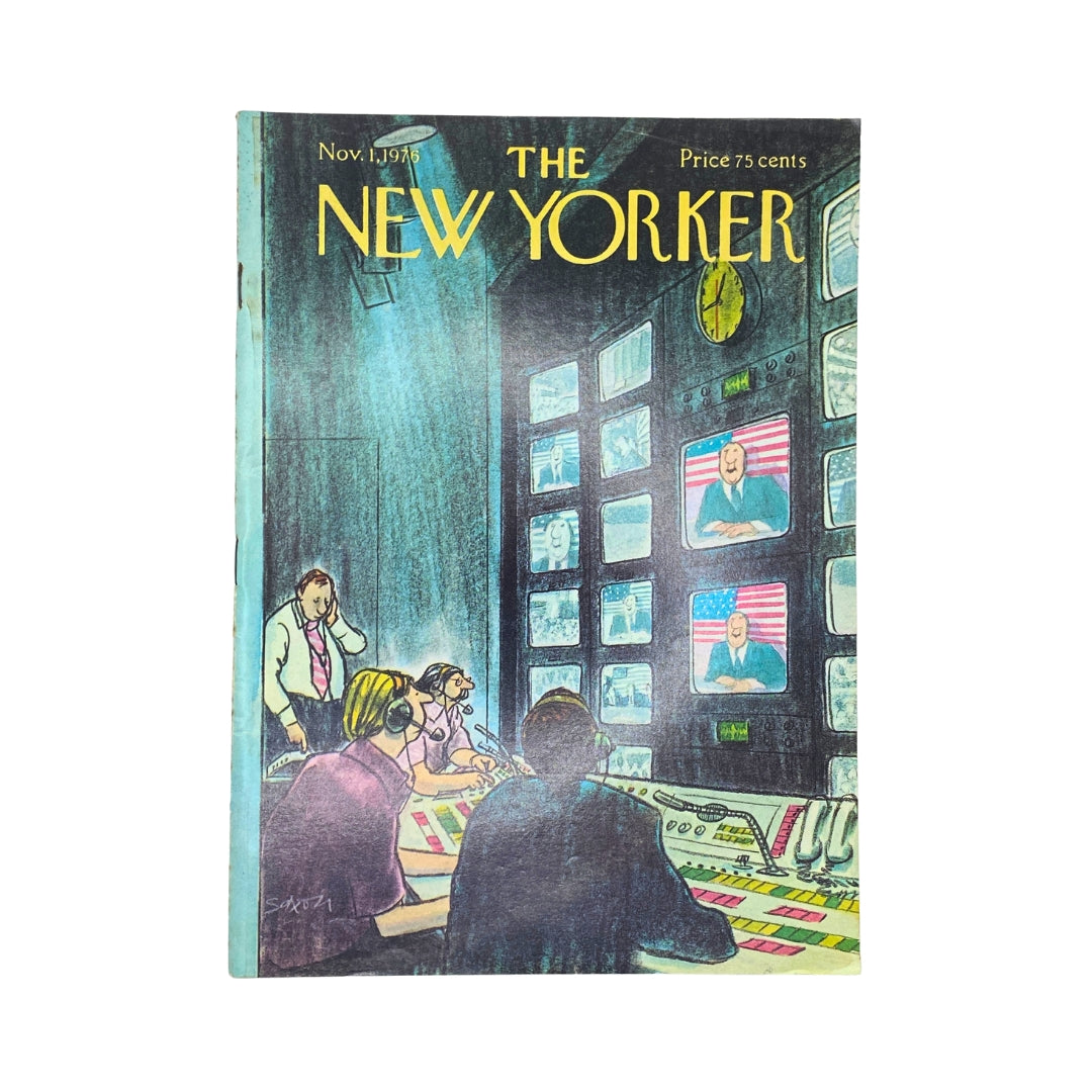 The New Yorker Complete Magazine November 1, 1976 Charles Saxon Cover featuring an illustration of a television studio with journalists monitoring screens.