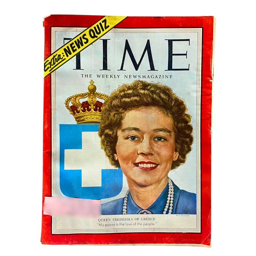 Cover of VTG Time Magazine from October 26, 1953, featuring Queen Frederika of Greece, highlighting her impactful quote 'My power is the love of the people.'