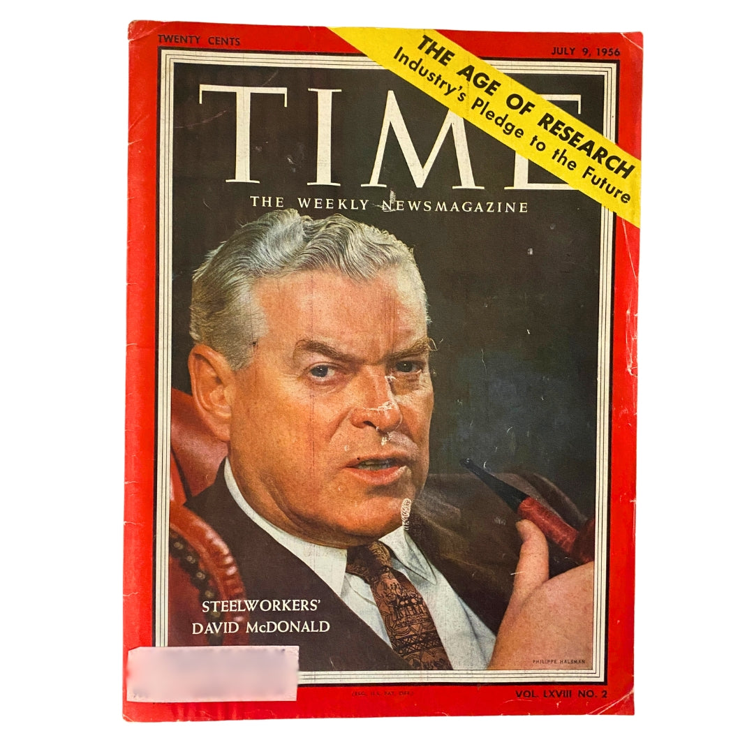 Vintage Time Magazine cover from July 9, 1956, featuring David J. McDonald, highlighting the theme 'The Age of Research'. The magazine showcases a serious portrait of McDonald.