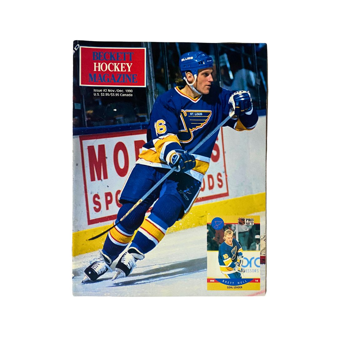 Beckett Hockey Monthly Magazine December 1990 #2 featuring Brett Hull on the cover in a St. Louis Blues uniform, highlighting hockey collectibles.