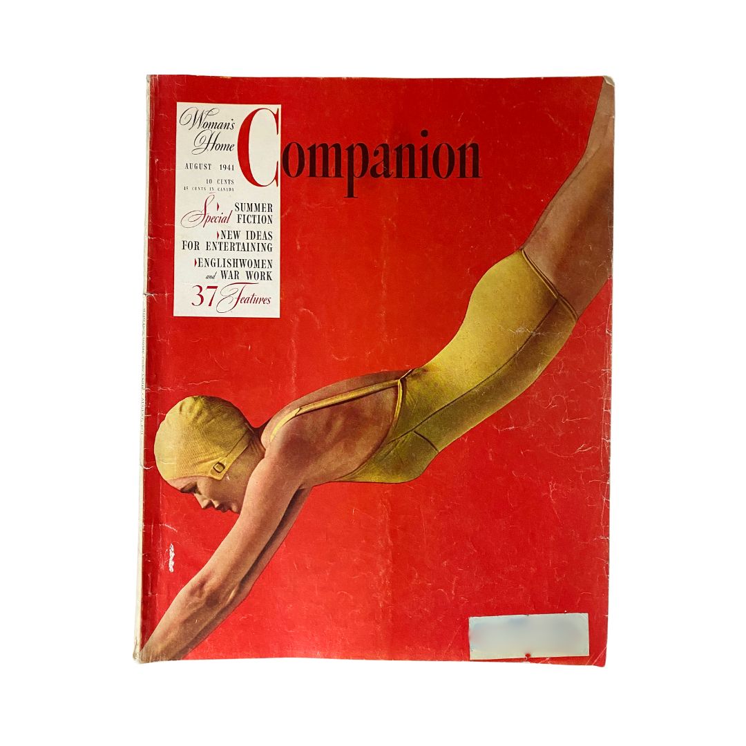 Cover of Woman's Home Companion Magazine from August 1941, featuring a swimmer in a yellow bathing suit on a vibrant red background, emphasizing the theme of Englishwomen and War Work.