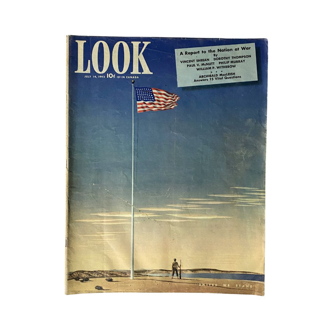 Cover of VTG Look Magazine July 14, 1942 Vol 6 No. 14 featuring a soldier standing before an American flag, highlighting 'A Report to the Nation at War'.