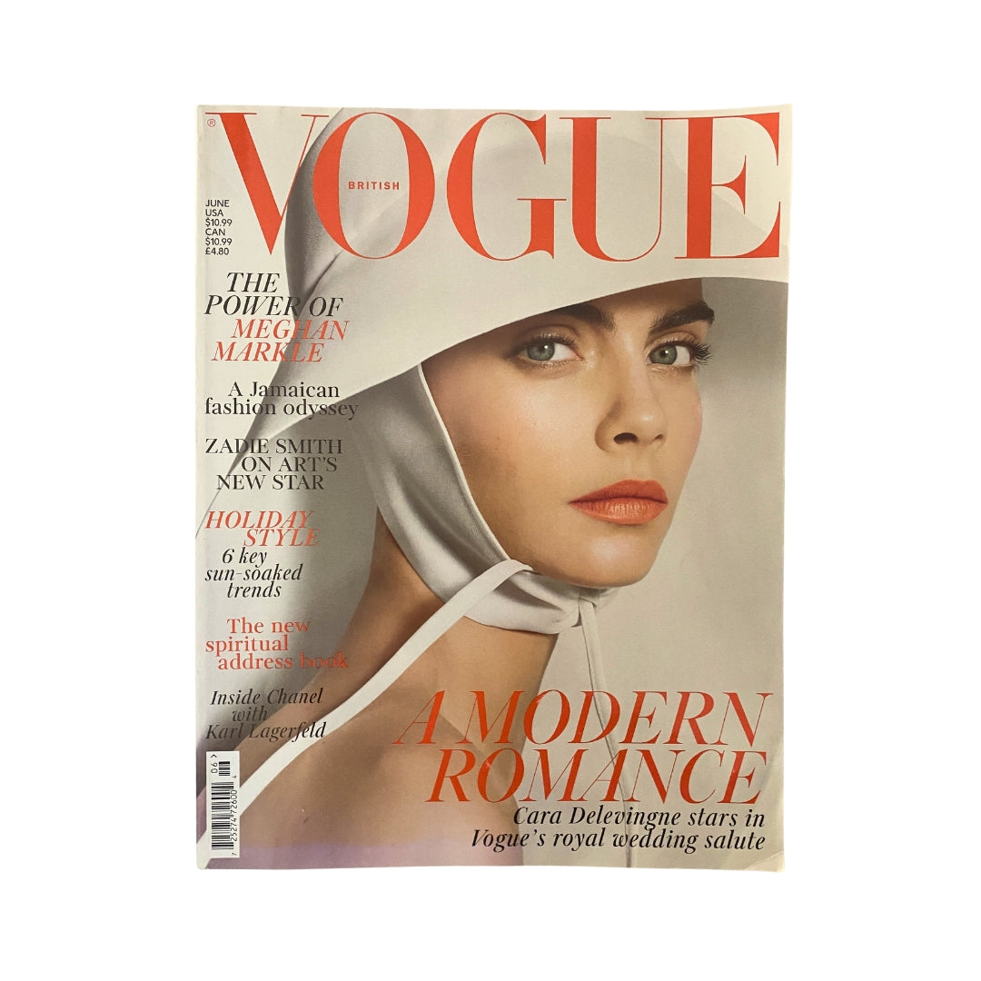 Vogue UK Magazine June 2018 cover featuring Cara Delevingne, showcasing modern romance with a stylish hat. Ideal for vintage magazine collectors.