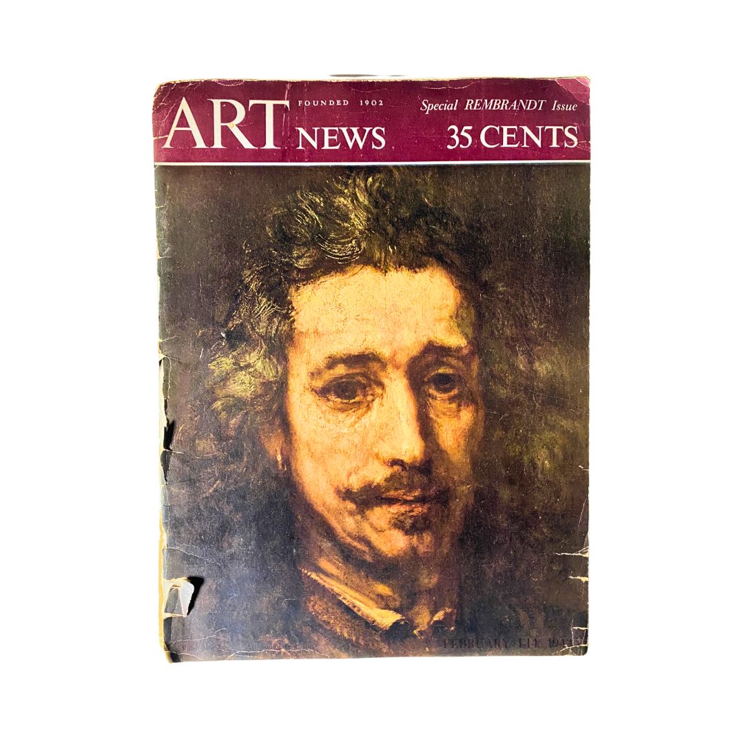 Cover of the VTG Art News Magazine from February 1, 1942, featuring the title 'Art News' and an illustration of Rembrandt's 'Man with a Magnifying Glass'. The magazine is a collectible issue, showcasing art history from the early 1940s.