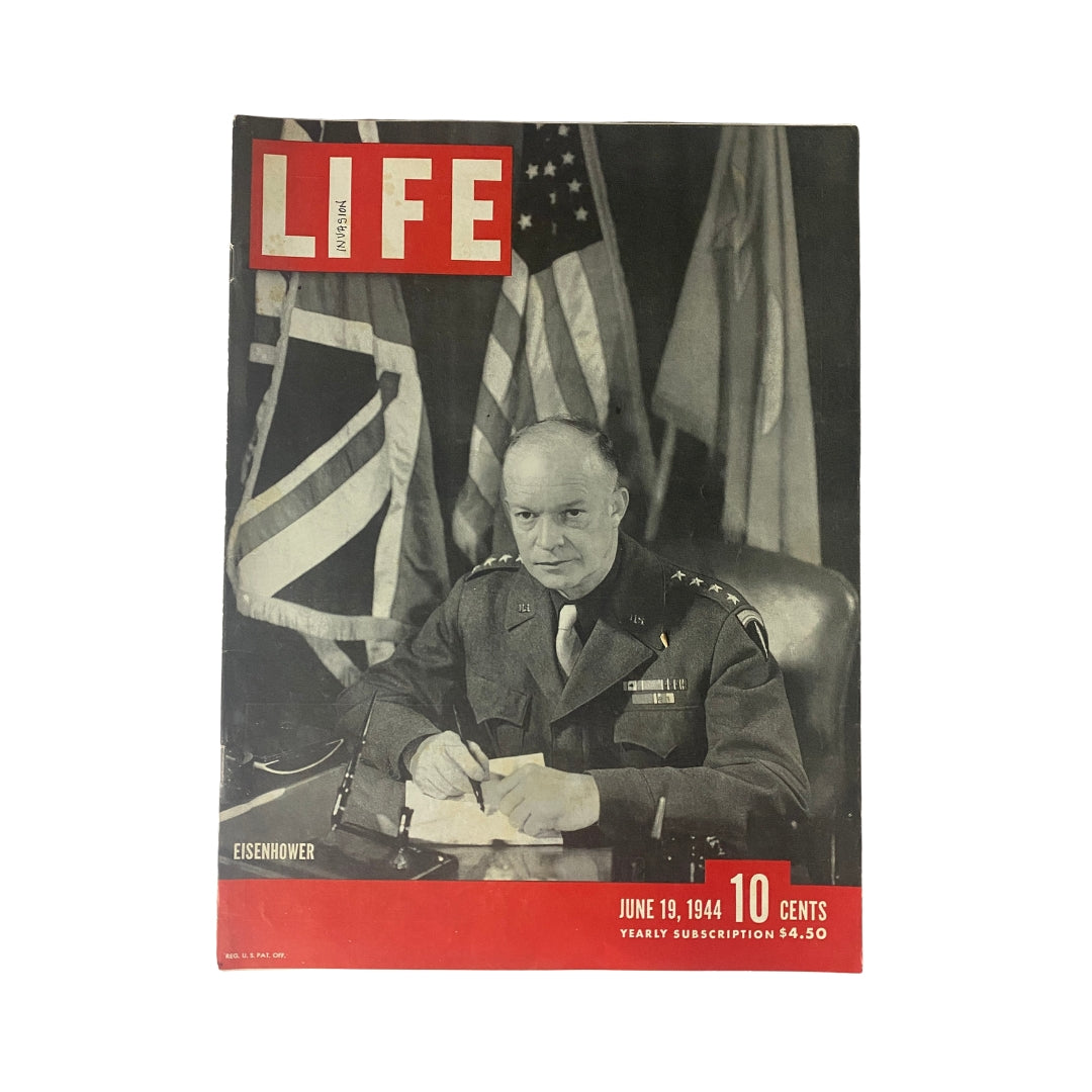 Cover of Life Magazine from June 19, 1944 featuring Dwight D. Eisenhower, showcasing a pivotal moment in World War II with a black and white portrait, American flags in the background, and magazine details highlighted in red.