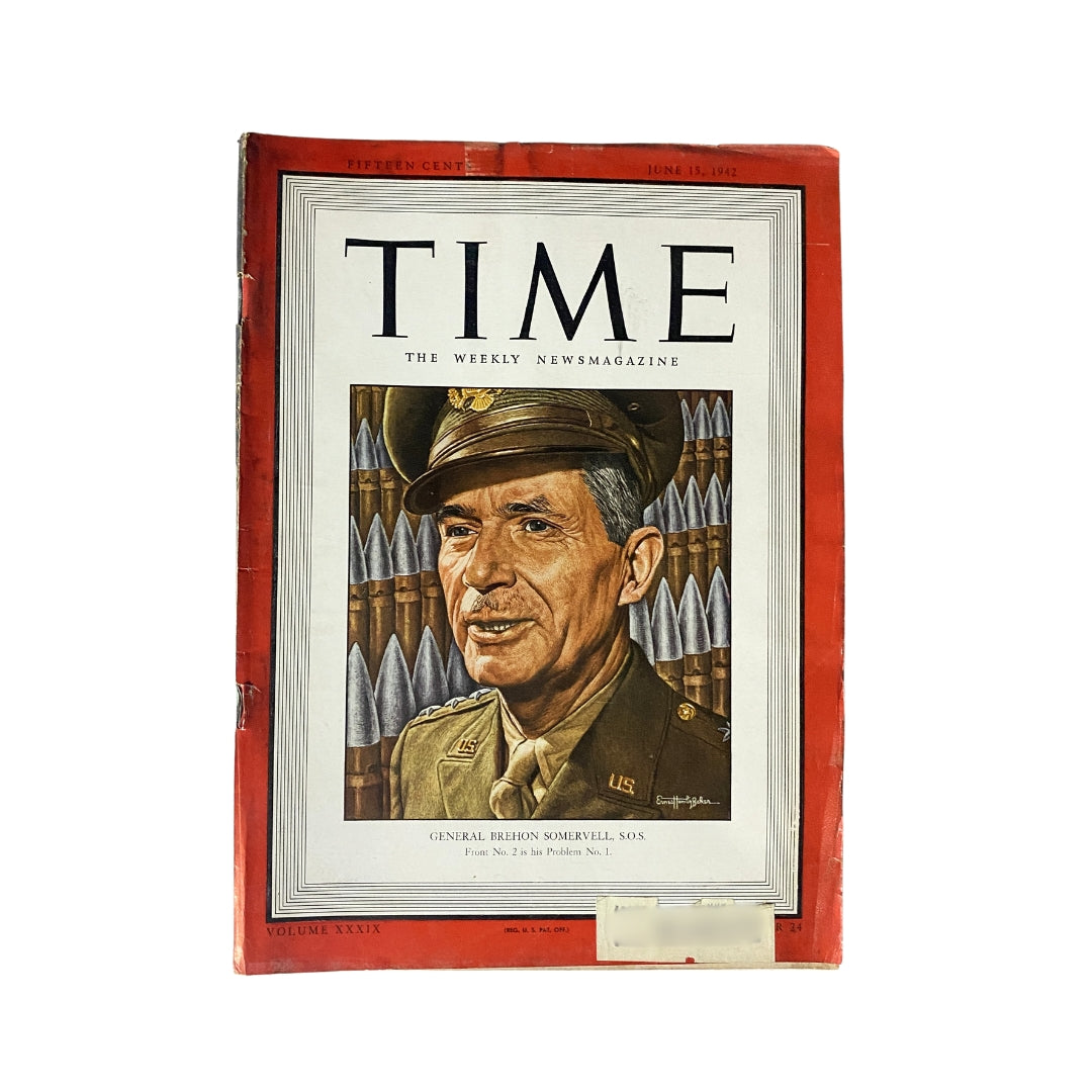 Vintage Time Magazine from June 15, 1942, Volume 39, Number 24, featuring General Brehon Somervell on the cover, representing a significant moment in World War II history.