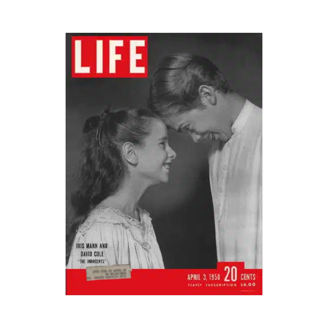 VTG Life Magazine April 3, 1950 featuring a black-and-white cover image with two children, encapsulating the theme 'The Innocents' by Iris Mann and David Cole.