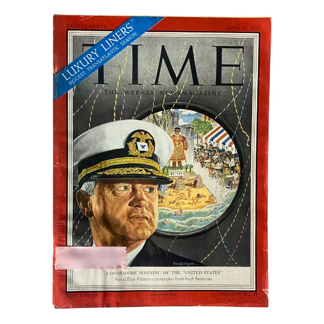 Cover of VTG Time Magazine June 23, 1952 Vol 59 No. 25 featuring Commodore Harry Manning of SS United States, showcasing a historical portrait and vibrant imagery.