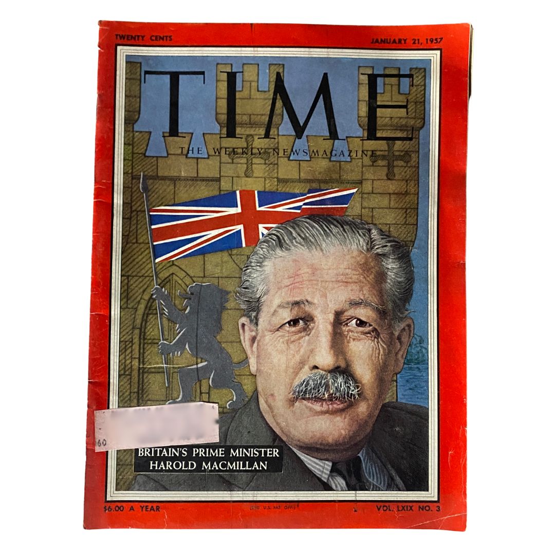 VTG Time Magazine January 21, 1957 Vol 69 No. 3 featuring a portrait of British Prime Minister Harold Macmillan against a background of the Union Jack.