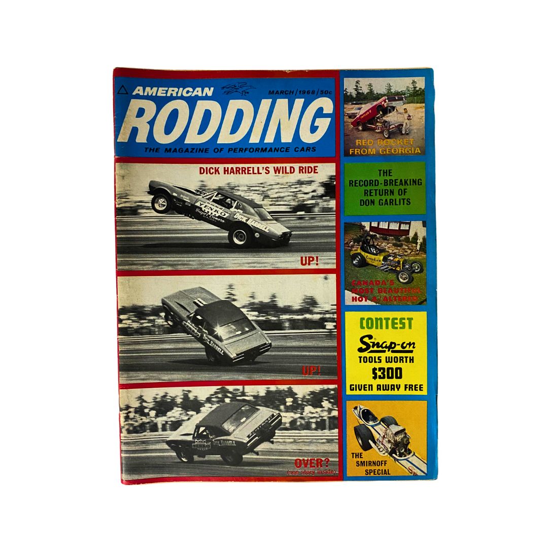 Cover of American Rodding Magazine March 1968 featuring Dick Harrell's Wild Ride, showcasing muscle cars and drag racing themes.