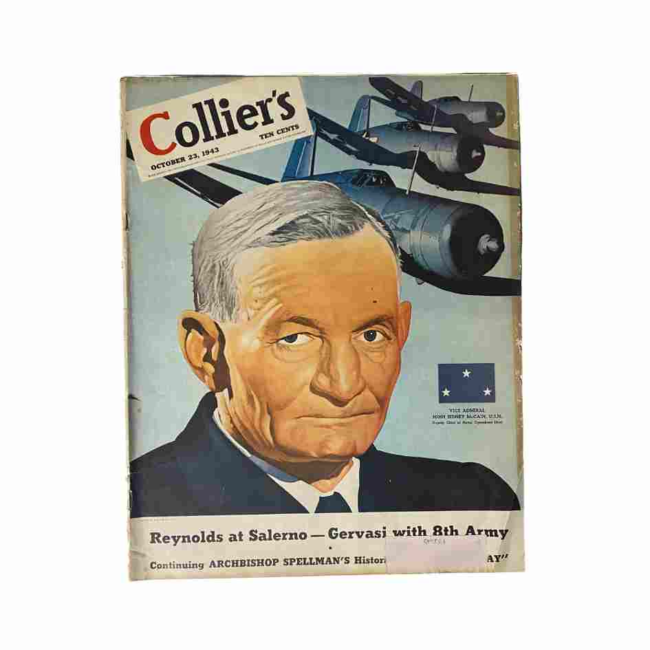 Cover of VTG Collier's Magazine from October 23, 1943 featuring Vice Admiral John Sidney McCain U.S.N., showcasing wartime artwork and airplane imagery.